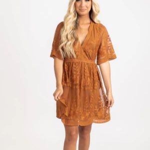 Burnt Orange Lace Dress by Haute Monde